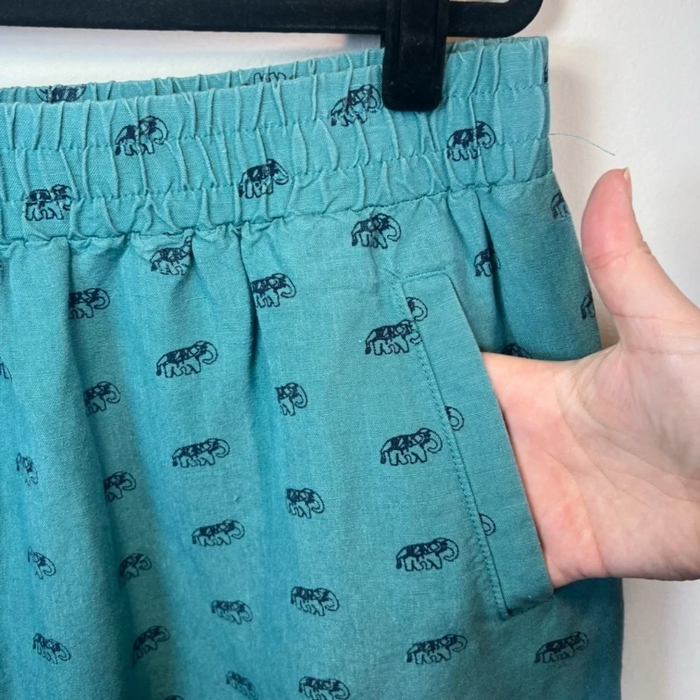 Loft Outlet Linen Blend Mini Skirt Teal Elephant Print Pockets Womens Size Large